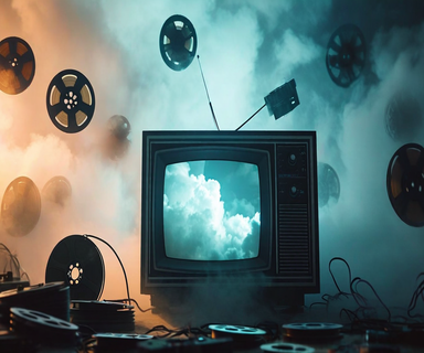 A dissolving television screen fragmenting into digital clouds with vintage broadcast equipment silhouettes fading away, representing lost archival content in cloud storage