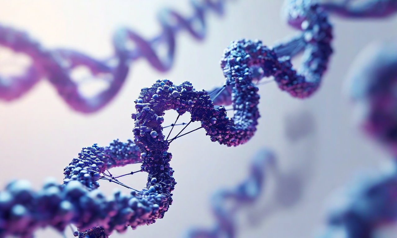 Three-dimensional molecular visualization of a peptide chain showing connected amino acids in a helical structure with blue and purple coloring against a clean gradient background, representing the scientific nature of peptide compounds