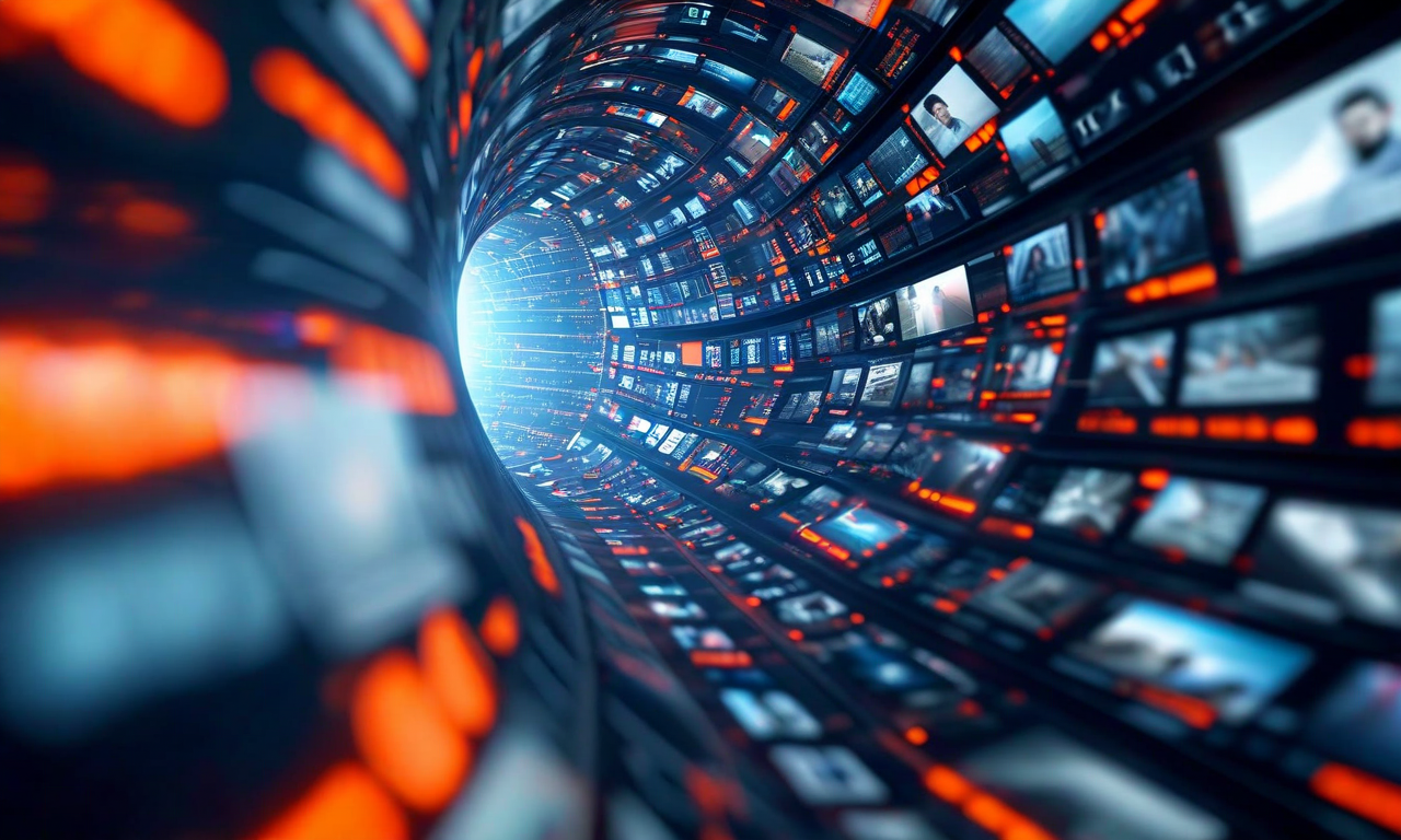 A modern digital illustration showing a 60-second timer at the center with streams of news content, video elements, and information flowing toward it, representing the compression of daily news into a one-minute video format