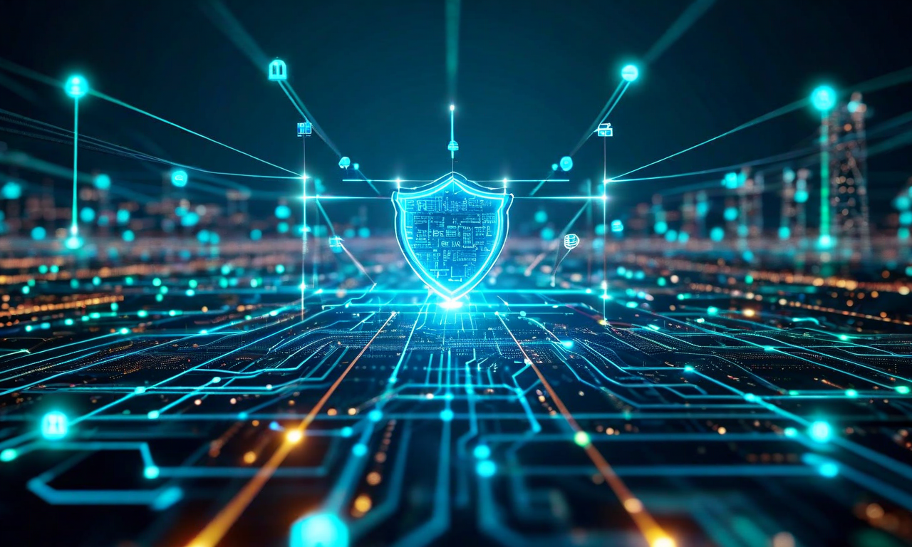 エネルギー、金融、通信、水道、交通などの重要インフラセクターが、セキュアなデジタルネットワークで相互に接続され、脅威インテリジェンス情報を共有している様子を示すイラスト。各セクターはノードとして表現され、発光するデジタルパスウェイで結ばれており、中央のハブにはシールドアイコンが配置されている。