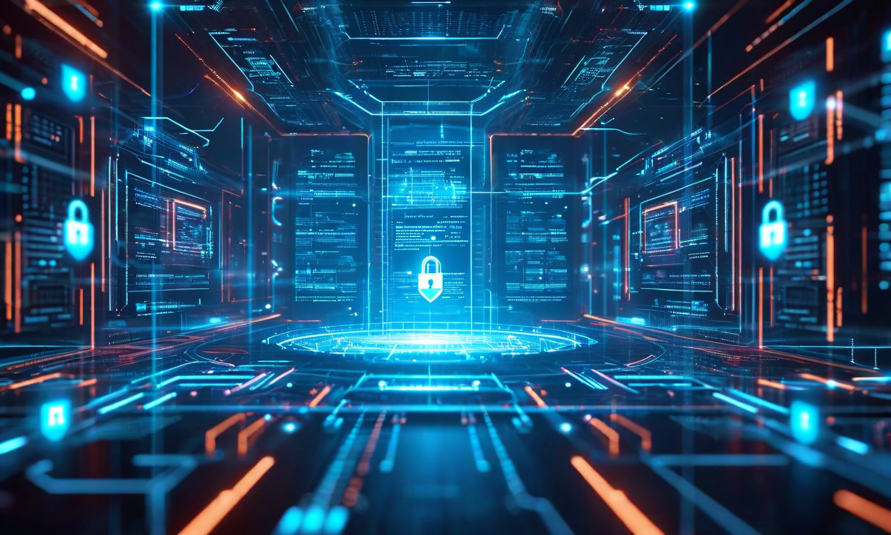 ゼロトラストセキュリティモデルの未来的なアーキテクチャを表現した画像。中央のハブを取り囲む複数のセキュリティレイヤーが示されており、多要素認証ゲート、マイクロセグメンテーションバリア、継続的な監視センサー、最小権限アクセス制御ノードが含まれている。すべての接続は検証ポータルを通じて流れ、ロックシンボルとシールドアイコンが配置されている。青とシアンの配色で、ホログラフィック要素と透明なセキュリティバリアを備えた現代的なテクノロジー美学。