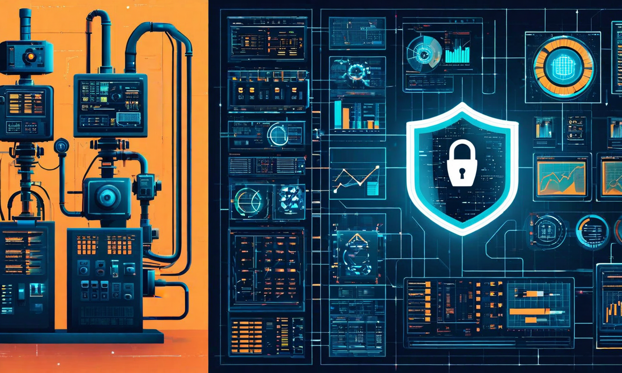 レガシーな産業用制御システムと最新のセキュリティ要件の乖離を表現した技術イラスト。左側に古い機器と時代遅れのインターフェース、右側に現代的なセキュリティプロトコルと脅威検知システムが示され、中央に拡大するギャップが視覚化されている。セキュリティパッチの遅延と運用技術環境の複雑性が警告色で強調されている。