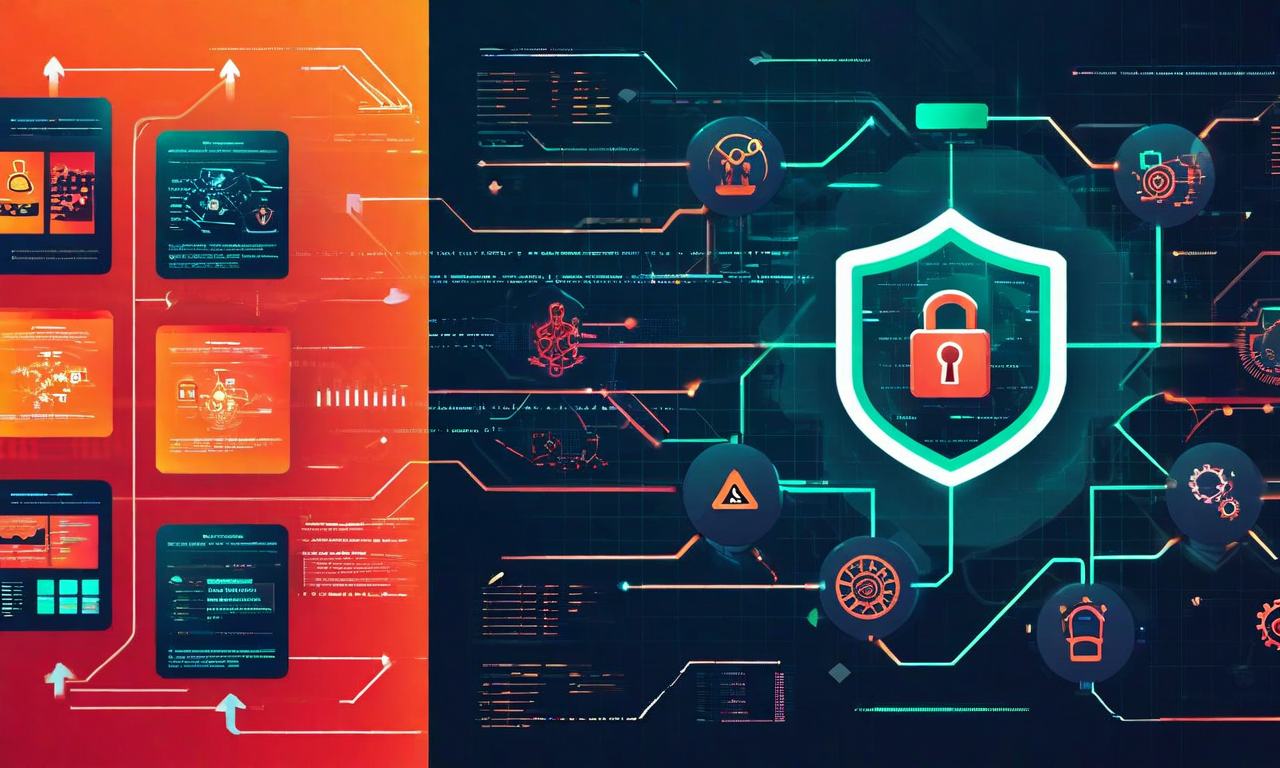 リスク要因と対応策の関係を示す図。左側に技術的脆弱性、法的リスク、運用上の課題を表す警告アイコンが赤とオレンジで表示され、右側にそれぞれに対応する防御メカニズムと保護シールドが青と緑で表示されている。中央の矢印と防御経路が各リスクとその対応策を結んでいる。