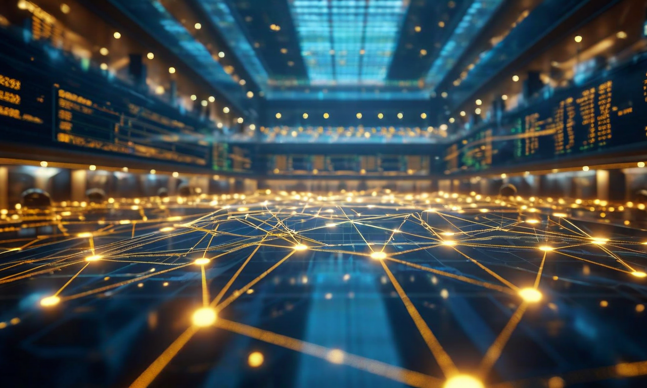 A professional visualization depicting prediction market infrastructure transitioning from regulatory ambiguity to institutional legitimacy, with interconnected network nodes, financial data overlays, and emerging governance frameworks in blue and gold tones