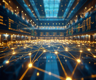 A professional visualization depicting prediction market infrastructure transitioning from regulatory ambiguity to institutional legitimacy, with interconnected network nodes, financial data overlays, and emerging governance frameworks in blue and gold tones