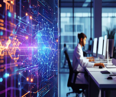 Split composition showing abstract AI visualization elements separated from real-world professionals at work, illustrating the disconnect between explainable AI research and practical decision-making