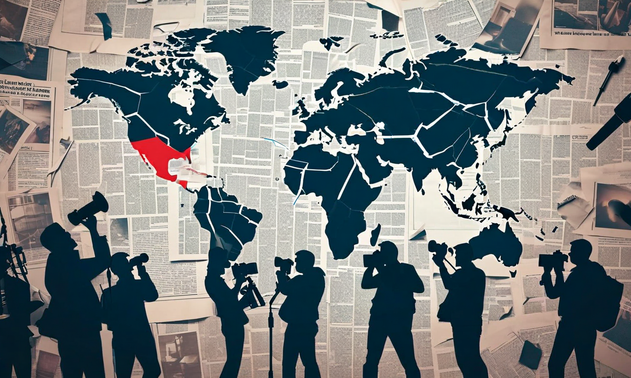 A conceptual image of a fragmented world map with fading newspapers and broken microphones, symbolizing the global decline in press freedom across multiple regions and political systems