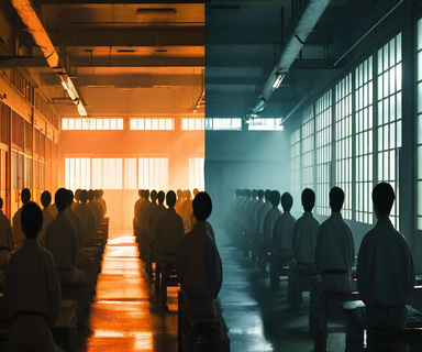 Split-screen image contrasting Japan's old punitive prison labor system on the left with new rehabilitation-focused correctional programs on the right, showing the transformation from punishment to individualized support and reintegration preparation