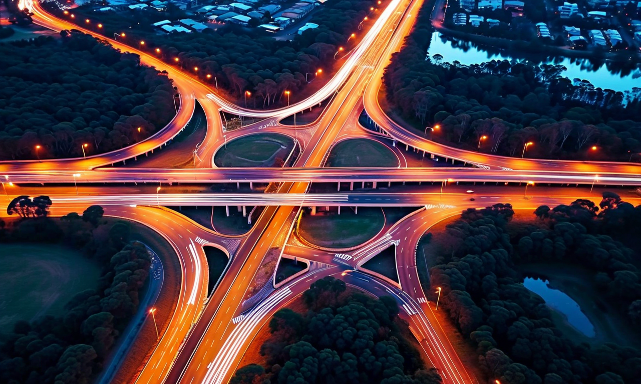 Aerial view of Australian highway intersection with digital heat map overlay showing vehicle telemetry data patterns and risk zones visualized through flowing light trails and gradient colors