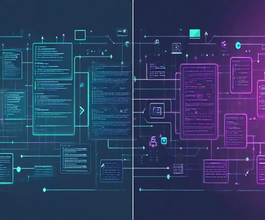 Split-screen illustration contrasting traditional grid-based software testing on the left with dynamic, interconnected network-based property testing on the right, showing the evolution toward programmable testing frameworks