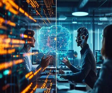 Split composition showing AI-assisted coding on one side with neural networks and holographic interfaces, and traditional hands-on software development with visible code structures on the other, connected by a gradient transition representing the balance between AI tools and foundational engineering skills