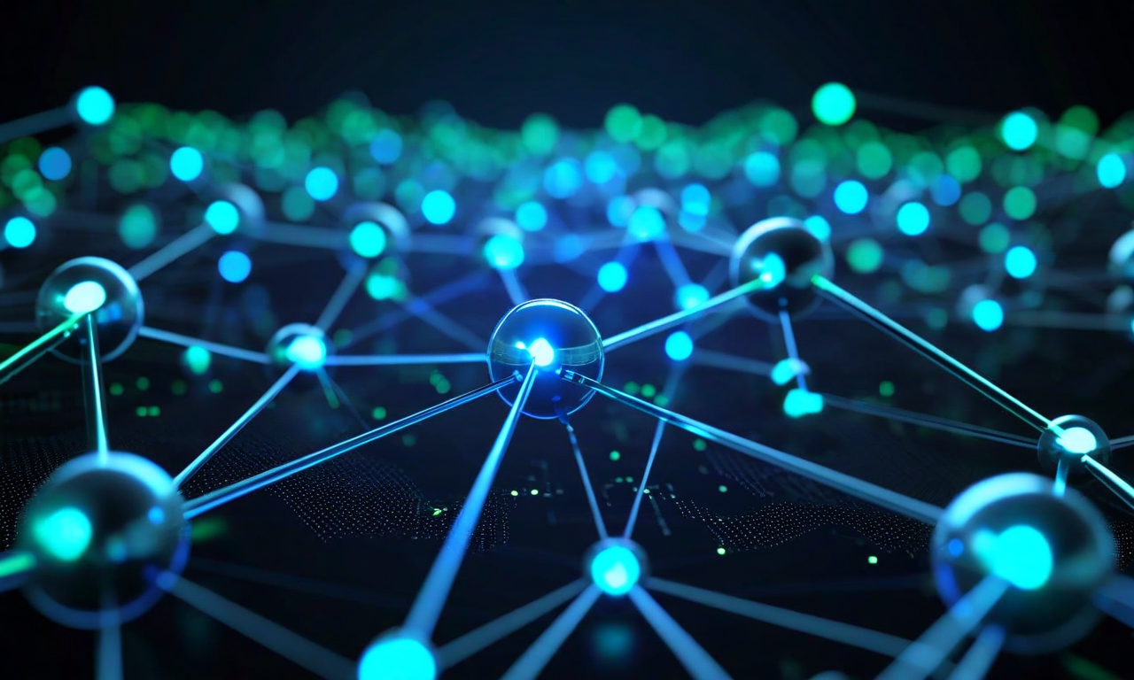 A network visualization showing interconnected nodes in a distributed system, where bright blue and green nodes are selectively connected while dimmer gray nodes remain isolated, illustrating the concept of selective cooperation in multi-agent machine learning systems