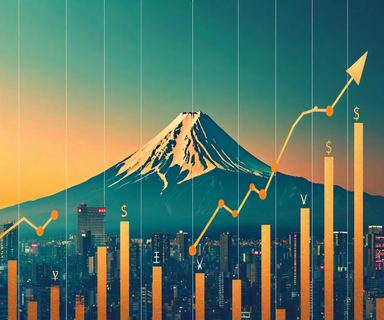 Upward trending financial chart with Japanese yen symbols showing wage growth, set against a modern business backdrop representing Japan's economic recovery