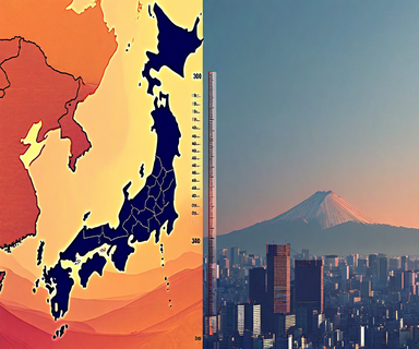 Illustration showing Japan's geography with heat intensity zones and temperature indicators representing the high-pressure system causing temperatures exceeding 30 degrees Celsius across multiple regions, with urban heat island effects visualized through city silhouettes