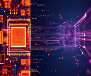 Split visualization comparing traditional semiconductor thermal simulation taking 8 hours on the left with AI transformer-based surrogate model completing the same analysis in milliseconds on the right, connected by flowing data streams