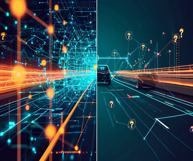 Split-screen illustration contrasting AI visual reasoning: left side shows neural network properly connected to road scene for autonomous driving, right side shows same network relying only on text patterns with faded visual input, highlighting the text-bias problem in vision language models