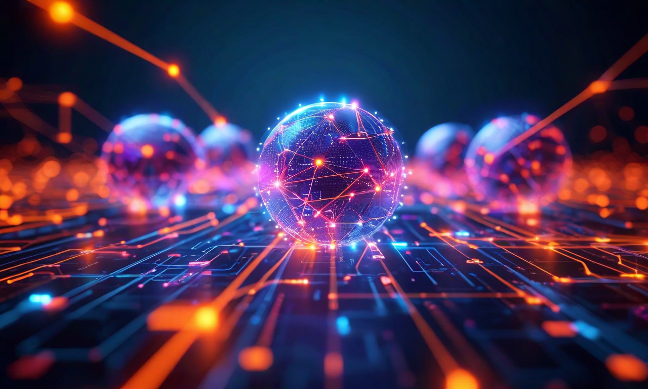 廃止実行時の多層的リスク要因を示す抽象的な視覚化。技術的リスク、運用リスク、ビジネスリスク、セキュリティリスクの4つのリスク領域が相互に接続され、双方向の矢印と接続線でリスク間の相互作用とカスケード効果を表現。各リスク領域は異なる色でハイライトされ、周囲にはリスク軽減策の必要性を示す警告インジケータと軽減バリアが配置されている。