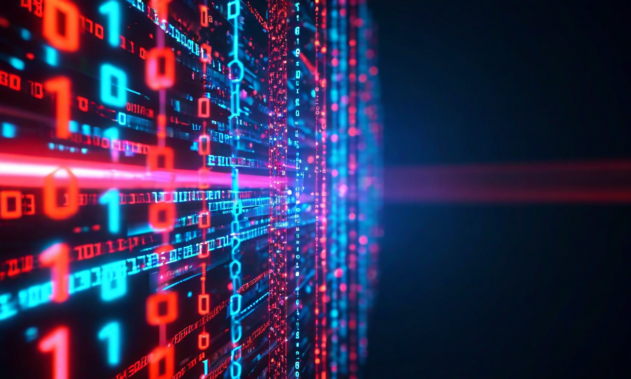 暗号化されたハッシュコードが左側から右側へ急速に平文のパスワードに変換される様子を表現したデジタルビジュアル。ネオンブルーと赤色の光が暗い背景に輝き、バイナリストリームと暗号化シンボルが流れ落ちている。レインボーテーブル攻撃による脅威の緊迫感と、レガシー認証プロトコルの脆弱性を未来的なスタイルで可視化している。