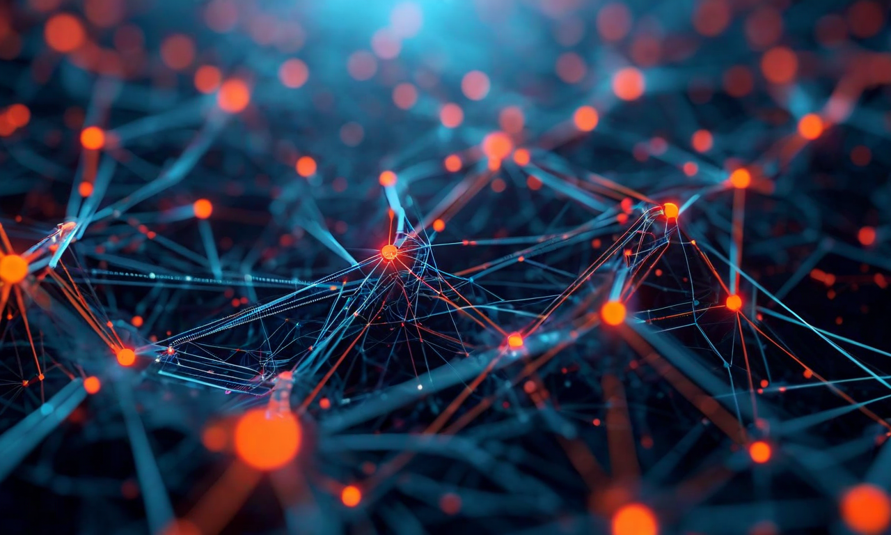 複雑に絡み合ったシステム依存関係を表現した抽象的なネットワーク図。暗青色と灰色のノードと経路が密集しており、その中に隠れた認証チェーンが存在する。赤やオレンジ色の微かな光点が脆弱性ポイントを示しており、密集した接続の中では発見が困難な状況を視覚化している。透明度効果により、表面下に隠れた脆弱性が存在することを表現。