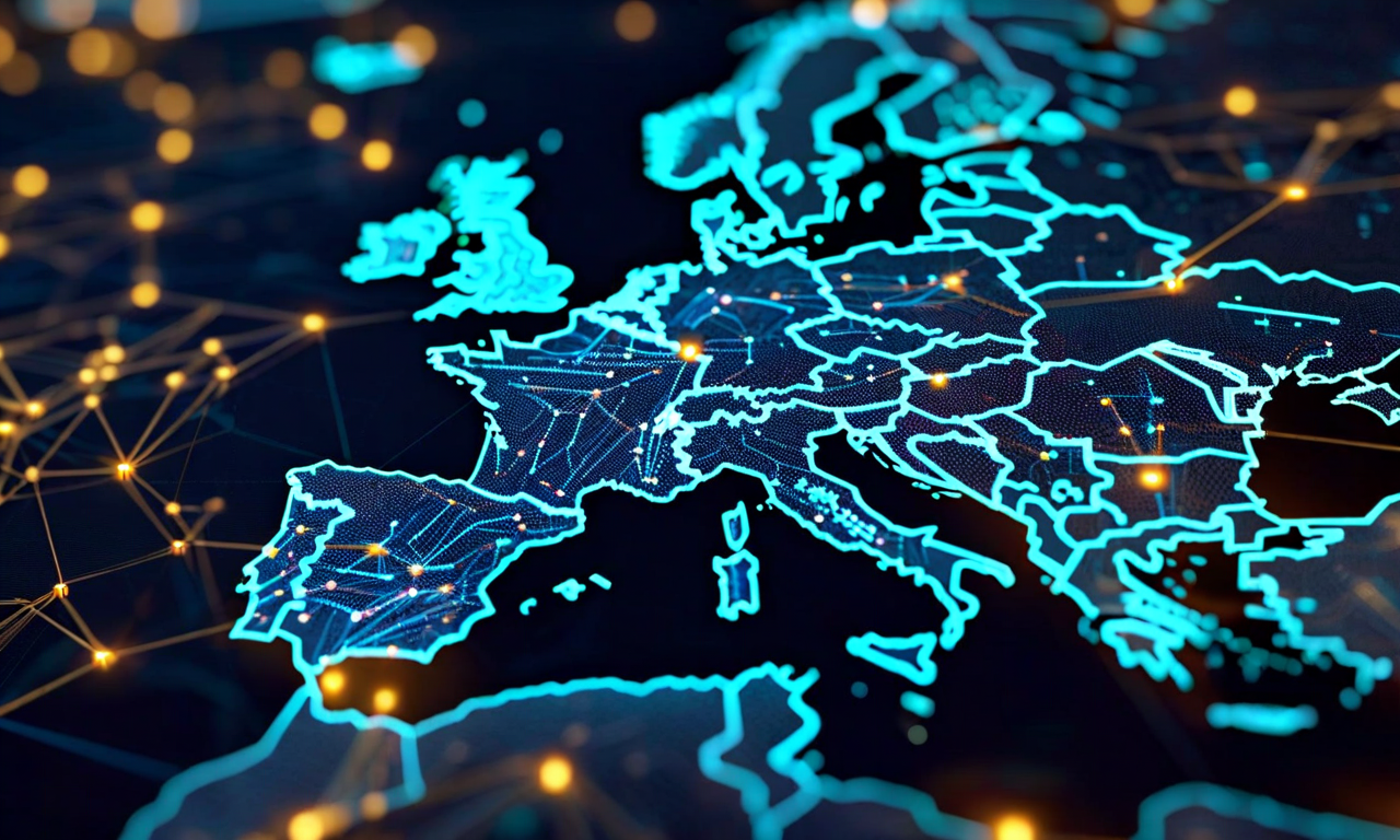 ヨーロッパのデジタル主権を表現した画像。EU地図を背景に、セキュアなメール転送ネットワークの相互接続されたノードが表示され、暗号化されたデータパスが国境を越えて流れている。盾型のGDPRコンプライアンスシンボル、ロックアイコン、発光するネットワーク接続、セキュアゲートウェイノードなどのデータ保護ビジュアル要素が含まれている。