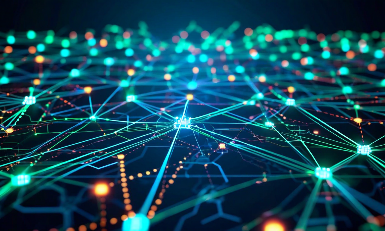 複数の地理的ノードが相互に接続された分散ネットワークアーキテクチャの図。青と緑の色調で表現された複数のデータセンターが冗長な接続経路で結ばれており、自動フェイルオーバー、負荷分散、スケーラビリティを視覚的に表現している。ネットワークの信頼性と冗長性が強調されている。