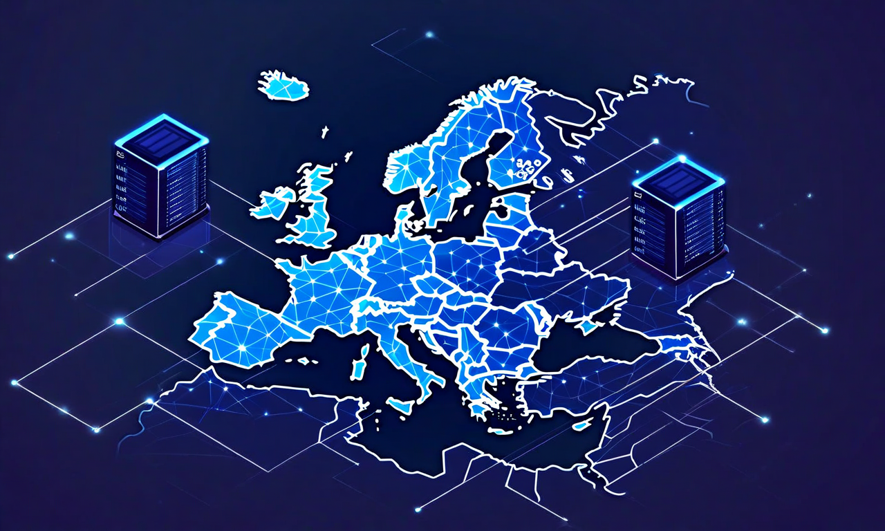 Isometric illustration of interconnected server nodes and data pathways contained within the European Union map boundary, representing localized mail transfer infrastructure with a shield-like perimeter against a technical blue gradient background