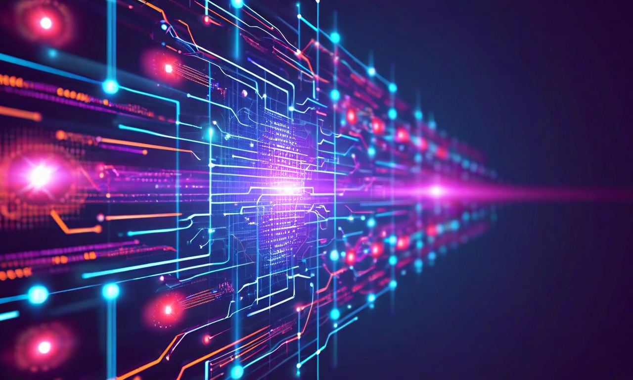 AI導入に伴う4つのリスク領域（技術的、組織的、規制的、倫理的）が組織の中心に向かって収束する様子を示す抽象的な可視化。各リスク領域は異なるビジュアル要素で表現され、矢印と勾配線で相互作用を表現。リスク緩和戦略を示唆する保護要素と戦略的ノードが含まれている。