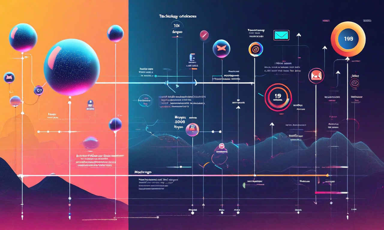 技術ハイプサイクルを表現したタイムラインイメージ。左側に1990年代のメール技術を示し、大きなバブルがしぼんでいく様子を描写。右側に現在のAI技術を配置。上部はメディアの期待値と注目度が消えていく様子、下部は基礎的な能力と実用的な応用が安定して残ることを視覚化。過去と現在を繋ぐ矢印で時間経過を表現。