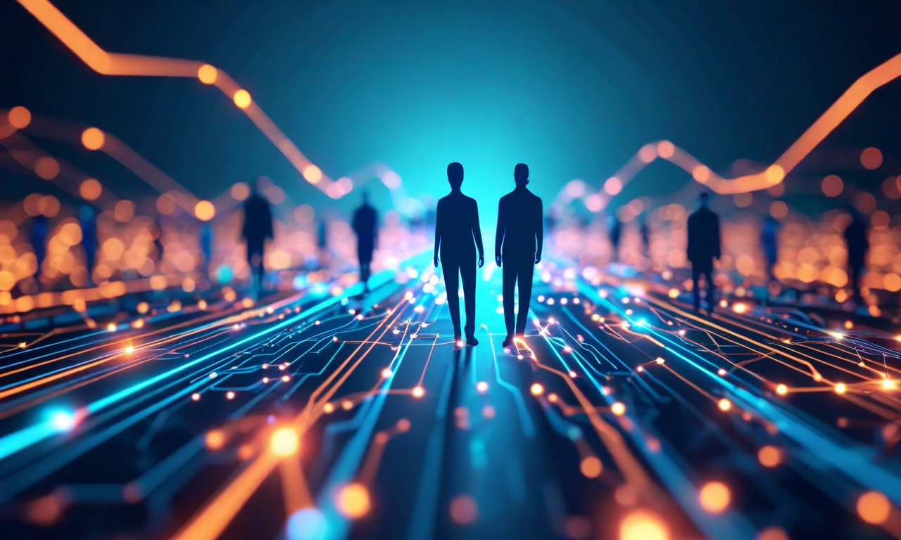 職場におけるAI統合の複数の未来像を表現した抽象的なイラスト。分岐する道路と交差するパスが複数の進化経路を示し、各パスは異なる組織の選択と結果を象徴している。人間のシルエットがAIを表現するニューラルネットワークやデジタル粒子と協働する様子が描かれており、明るく前向きな色彩（青、緑、温かみのあるアクセントカラー）で表現されている。