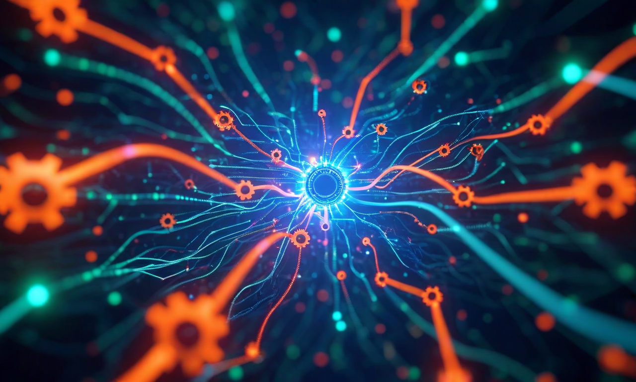 AI進化の複数シナリオを表現した抽象的なビジュアライゼーション。中央の発光ノードから3つの異なる進化パスが分岐している。保守的パス（青色）は段階的で制御された発展を示し、急進的パス（オレンジ赤色）は急速で積極的な進化を表現し、バランス型パス（エメラルド緑色）は調和の取れた進歩を示している。各パスは独自のアイコンと色分けを持ち、下部では組織への異なる影響ゾーンが対応する色で表示されている。