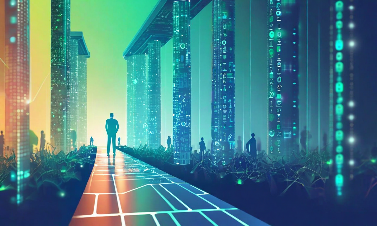 組織的なAI移行の全体像を表現したビジュアル。左側に現在状態（人材、プロセス、技術、文化の4要素が分離した状態）、右側に目標状態（4要素が統合的に機能する状態）を示す。中央に移行を象徴する橋またはパスウェイがあり、青灰色から活気のある緑青色へのグラデーション色が使用されている。上向きの勢いと相互接続された要素が、前向きで実現可能な変化を表現している。