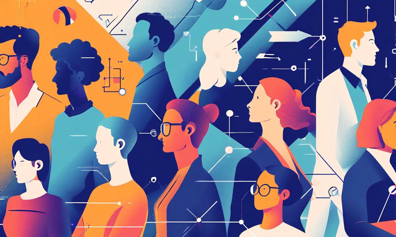 複数の職種の労働者が同時に職務転換を経験する概念図。医療、製造、技術、教育などの異なる産業から来た多様な人物が、矢印と接続線で示された新しい役割への転換経路を示している。スキルアップと再スキル習得の道筋を表現し、失業ではなく職務内容の変化と新しい機会への適応の可能性を視覚化している。