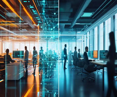 Split-screen illustration depicting two contrasting workplace scenarios: one showing collaborative human-AI integration with professionals working alongside digital interfaces, and another showing a more automated environment, representing diverging organizational choices in AI implementation
