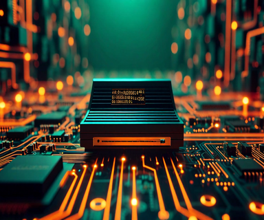 Atari 2600 game cartridge and circuit board connected to flowing assembly code and hexadecimal data, representing reverse engineering process