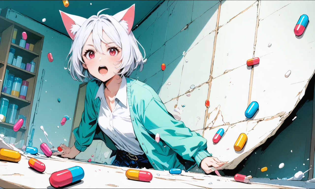 ほとんど空の巨大なロッカー棚から大量の薬のカプセルが雪崩のように降ってきて、驚くNeko-sanに降りかかる様子。