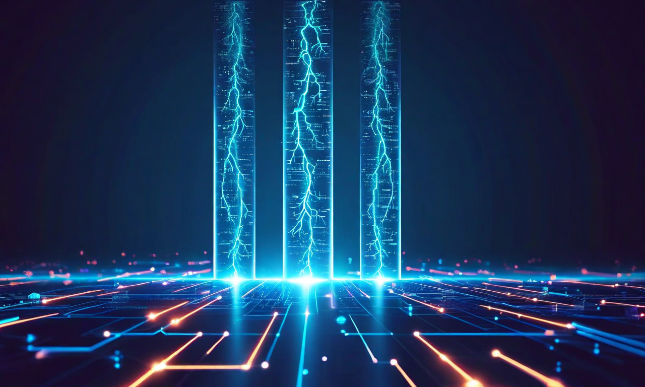 RewriteNetsの3つの主要な価値提案を表現した抽象的なビジュアル。左側の柱は計算効率を稲妻と高速データフローで、中央の柱は解釈可能性を透明な経路と可視化されたルールで、右側の柱は形式的保証を幾何学的証明記号で表現。3つの柱が共通の地平線に向かって収束し、シーケンスモデリングの未来的な発展方向を示唆している。