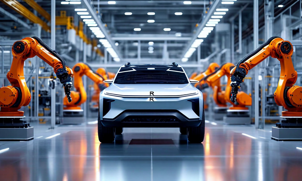 Rivianの電動SUV R2が最先端の製造施設で生産されている様子。ロボットアームと精密な組立ラインに囲まれた車両が、明るいLED照明の下で展示されている。テクノロジーと製造の融合を象徴する未来的なビジュアル。