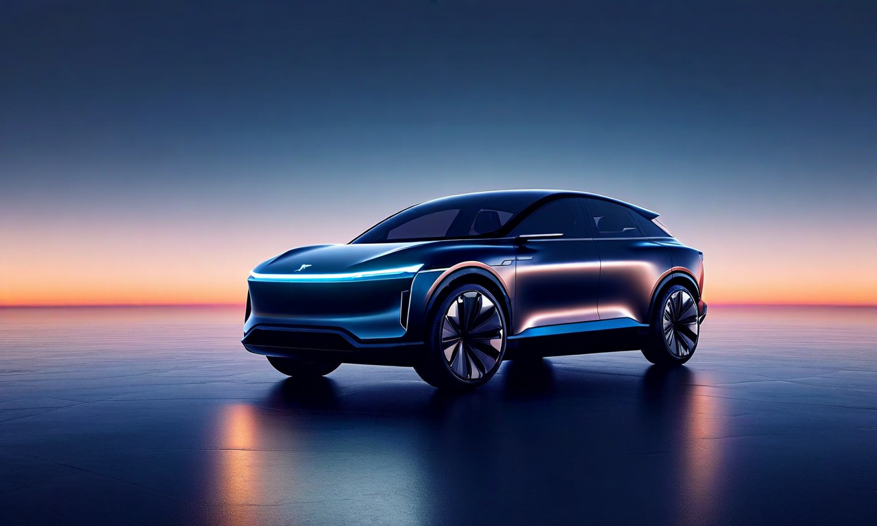 Modern electric SUV silhouette on minimalist platform with geometric background elements, representing Rivian's R2 vehicle launch and strategic market positioning