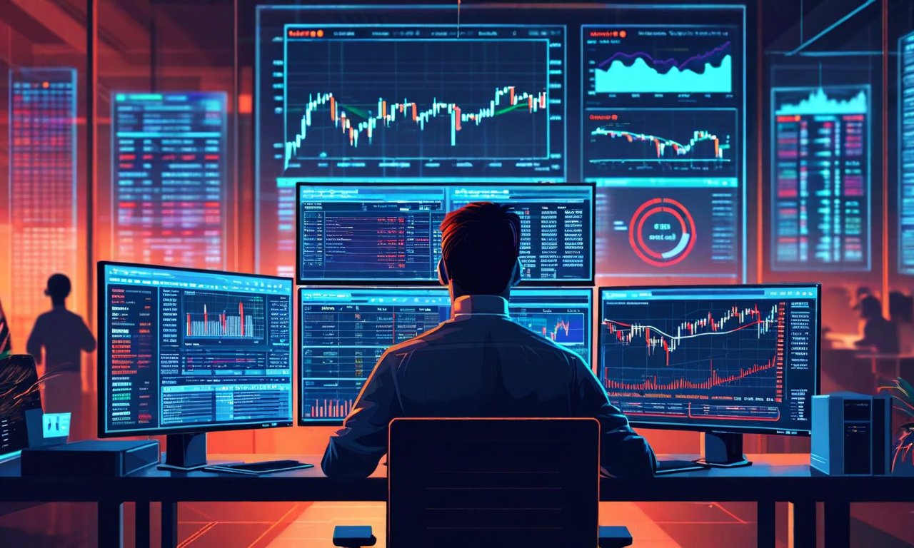 金融トレーダーが複数のモニターで取引データを監視している様子を示す専門的なイラスト。一つのスクリーンには ChatGPT インターフェースが表示され、機密取引戦略情報が入力されている。トレーダーのコンピュータから外部 AI モデルプロバイダーのサーバーへ、光るデータストリームと接続線で機密情報が流出する様子を可視化。セキュリティ侵害と規制リスクの警告インジケーターが含まれている。