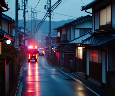Early morning scene of a Japanese residential neighborhood with emergency response vehicles in the distance, depicting a fire emergency response situation in Imari City, Saga Prefecture
