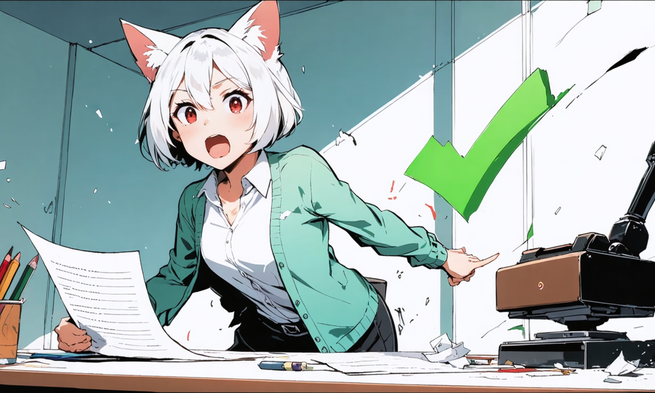 緑のチェックマークが押された書類の形が、元の見本とわずかに違っているのを、虫眼鏡を持つ小さなキャラが見つけている場面。Neko-sanが書類の山に驚いている。