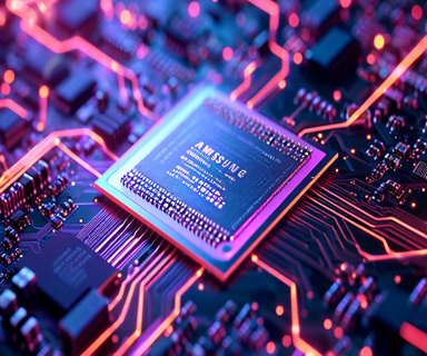 Close-up of a Samsung memory chip with glowing circuit patterns and abstract AI neural network visualizations flowing from it against a blue-purple technological background