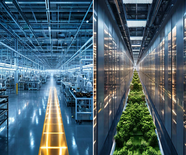 Split view of modern semiconductor and battery manufacturing facilities with abstract capital flow visualization, representing South Korean industrial investment in technology sectors