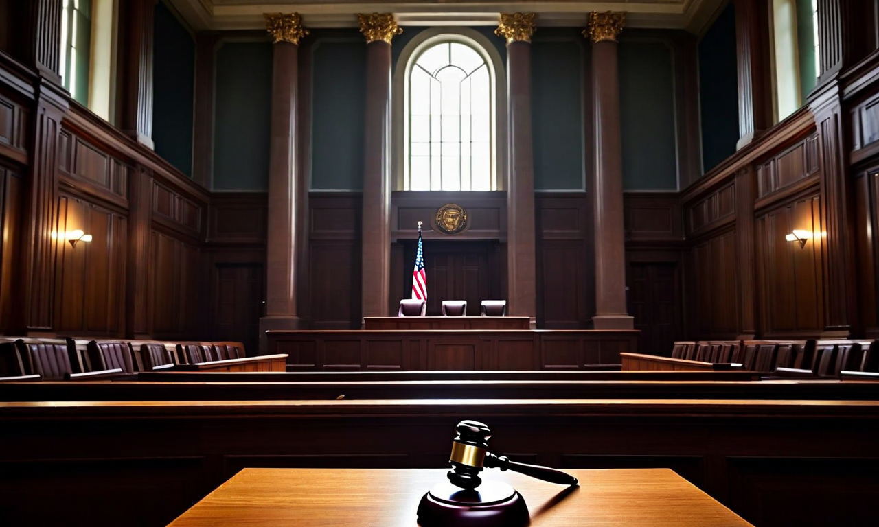 Empty immigration courtroom with vacant judge's bench, wooden gavel, and rows of unoccupied seating, illuminated by dramatic window lighting that emphasizes the absence of judicial personnel