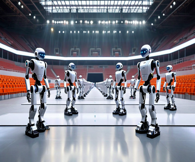 Multiple humanoid robots of different sizes and designs standing on a competition floor inside Beijing's Olympic Stadium, showcasing the diversity of robotic architectures at the 2026 World Humanoid Robot Games