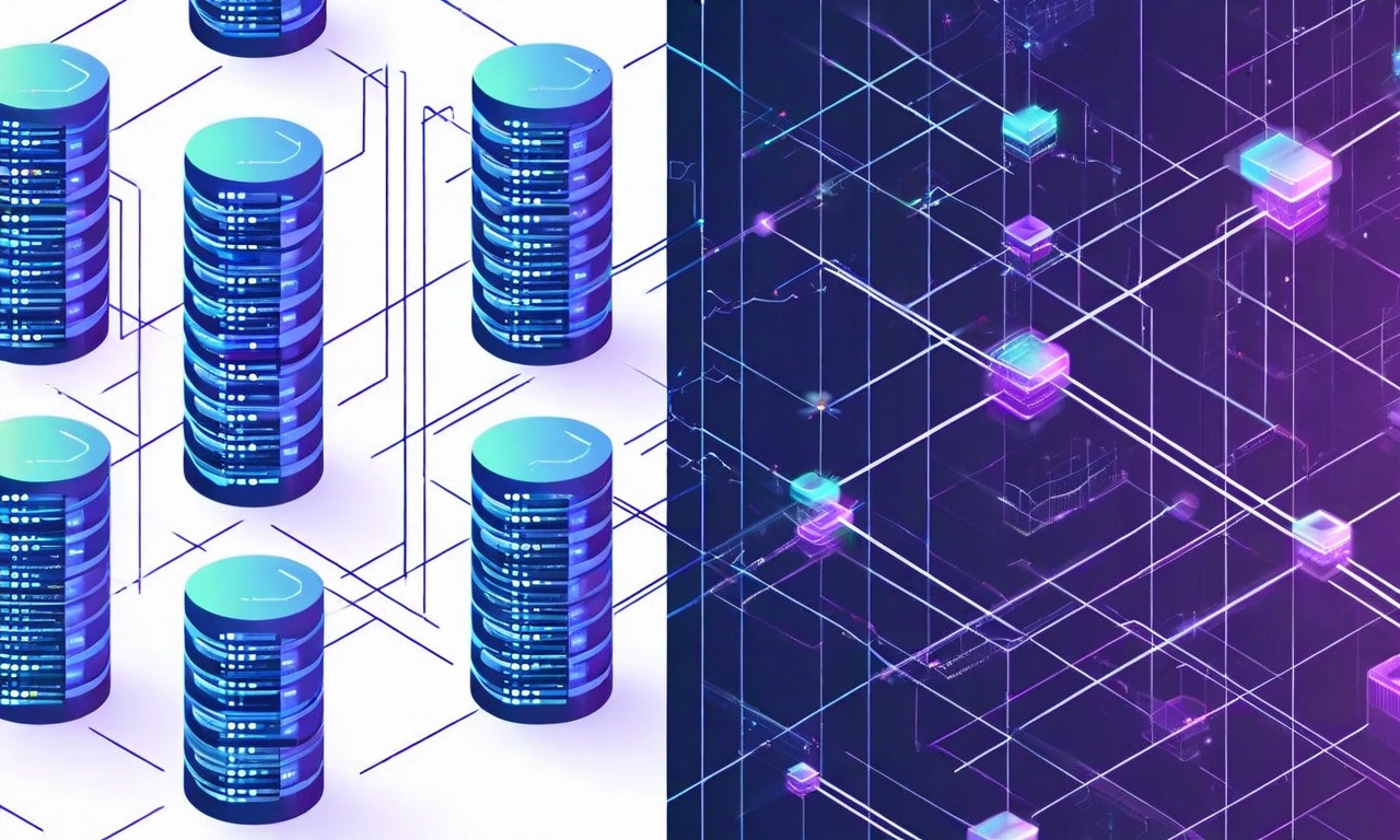Split-screen illustration contrasting an organized database grid structure on the left with a chaotic, distributed network of interconnected nodes on the right, representing the fundamental incompatibility between database systems and the internet's architecture