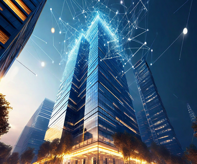 Modern glass corporate building with upward flowing light streams representing capital deployment, set against a backdrop of abstract AI neural network patterns and diverging pathways symbolizing venture capital market transformation