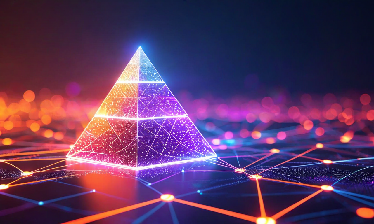 AI市場構造の進化を表現した抽象的な可視化。左側は単一の支配的なピラミッド構造で頂点に大きく光る1つのノードがあり、勝者総取り市場を表現。右側は複数の同等の重要性を持つノードが相互接続された分散ネットワークを表示し、複数勝者エコシステムを表現。中央には粒子の流れを伴う変換矢印があり、市場構造の転換を示唆。インフラストラクチャレイヤーの多元化を視覚化。