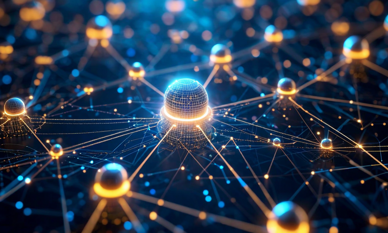 複数のAI企業ノードが相互に接続されたネットワーク図。中央の明るいノードがAnthropicを表し、競合するAI企業が周囲に配置されている。流動的なデータストリームと接続線が戦略的投資関係を示し、幾何学的な層状構造が市場ポジショニングを表現している。深い青、銀、金色のアクセントカラーが使用されている。