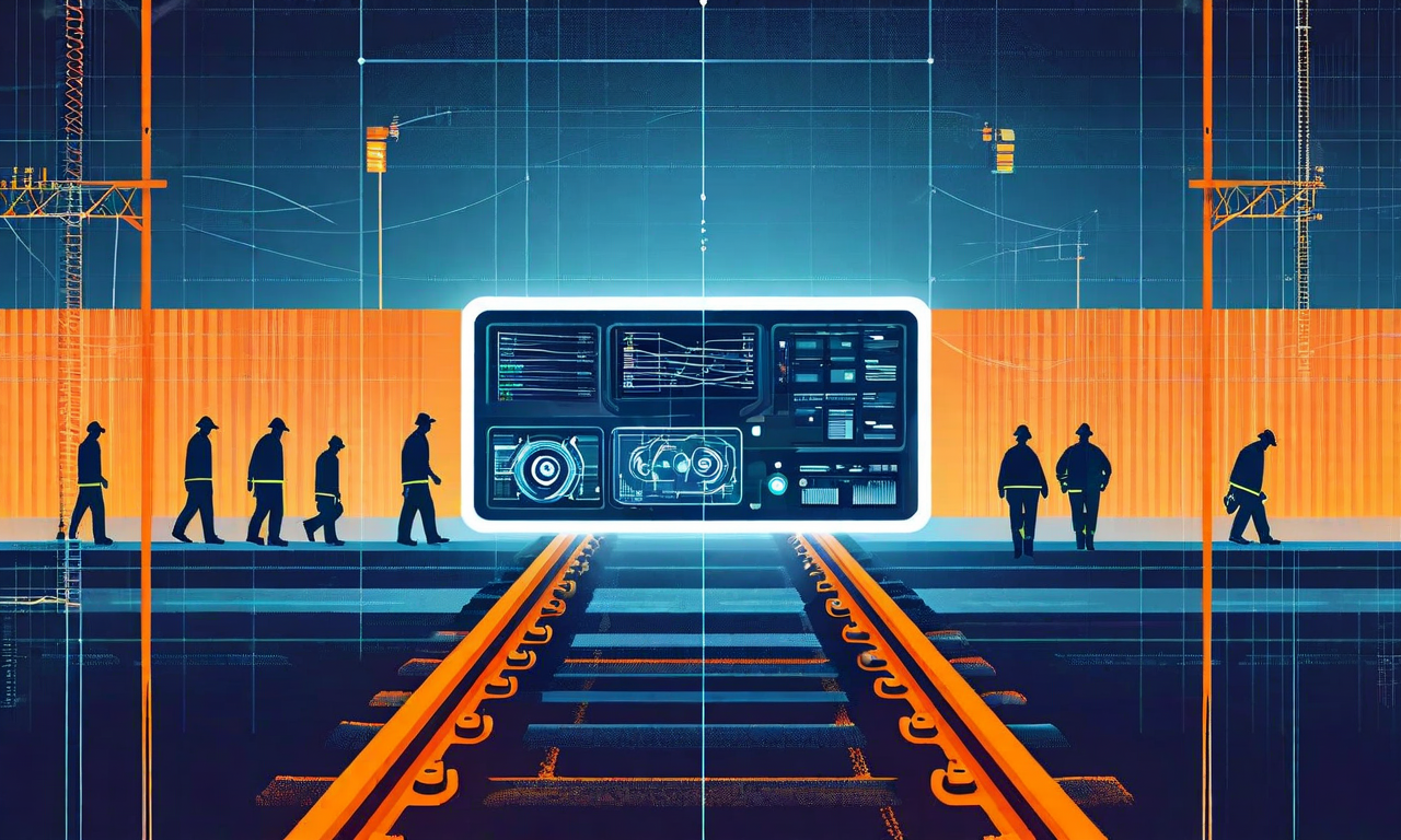 Three-layer diagram illustrating parallel railway inspection systems: automated sensors at top, field inspection teams in middle, and systems verification at bottom, all connected to show concurrent operation
